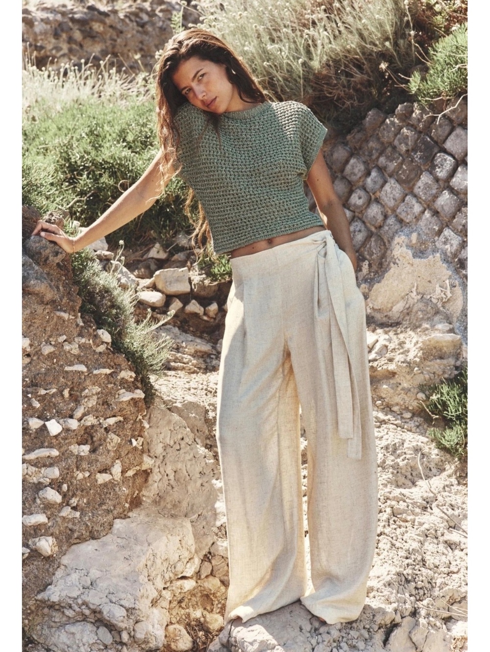 Zara Linen Blend High Rise Wide Leg Beige Pant